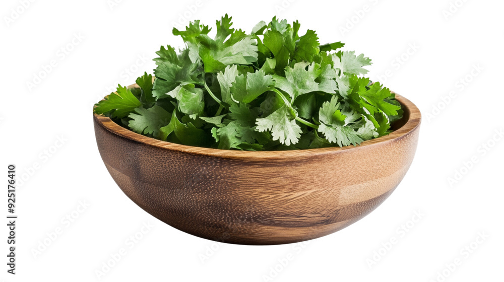 Green cilantro leaves in wooden bowl on transparent background Green cilantro leaves in wooden bowl on transparent background
