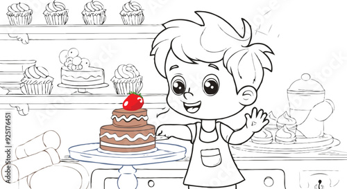 coloring page simple drawing of cartoon character in the cake shop, coloring book 