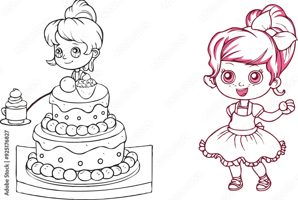 coloring page simple drawing of cartoon character in the cake shop, coloring book coloring page simple drawing of cartoon character in the cake shop, coloring book