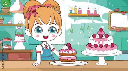 coloring page simple drawing of cartoon character in the cake shop, coloring book 