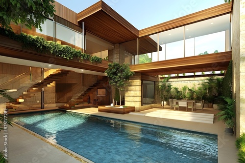 Modern Wooden House With Swimming Pool And Garden