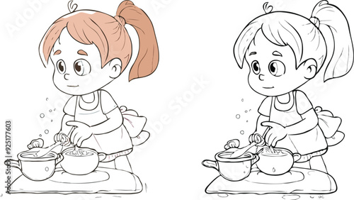 coloring page simple drawing of cartoon character in the cake shop, coloring book 