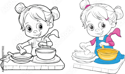 coloring page simple drawing of cartoon character in the cake shop, coloring book 