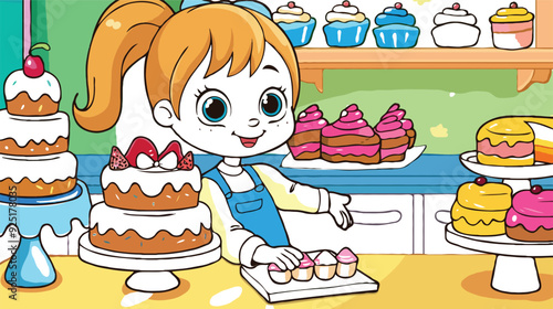 coloring page simple drawing of cartoon character in the cake shop, coloring book 
