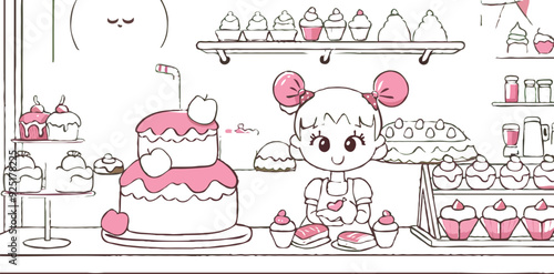 coloring page simple drawing of cartoon character in the cake shop, coloring book 