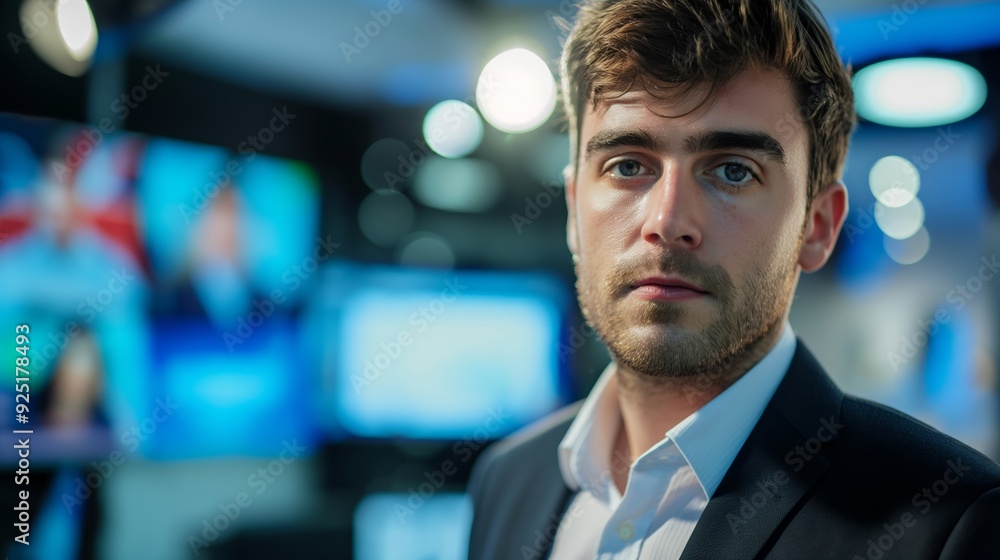 A man wearing a formal suit stands in front of a brightly lit news media backdrop, conveying seriousness and professional dedication to the audience. A man wearing a formal suit stands in front of a brightly lit news media backdrop, conveying seriousness and professional dedication to the audience.