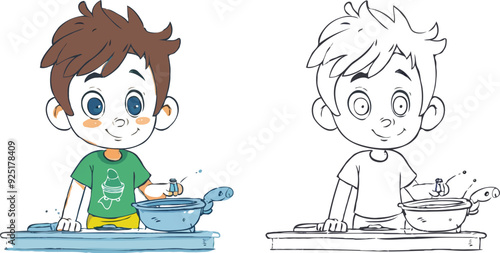 coloring page simple drawing of cartoon character in the cake shop, coloring book 