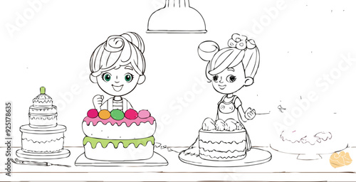 coloring page simple drawing of cartoon character in the cake shop, coloring book 