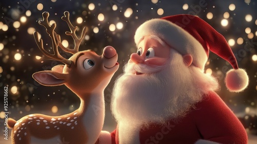 Santa Claus and a reindeer share a heartwarming and affectionate moment under the glow of festive lights, creating a magical Christmas atmosphere.