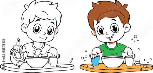 coloring page simple drawing of cartoon character in the cake shop, coloring book 