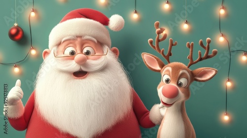 Santa Claus, standing next to a reindeer, points excitedly with joy under Christmas lights, bringing a festive and magical atmosphere.