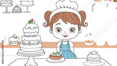 coloring page simple drawing of cartoon character in the cake shop, coloring book 