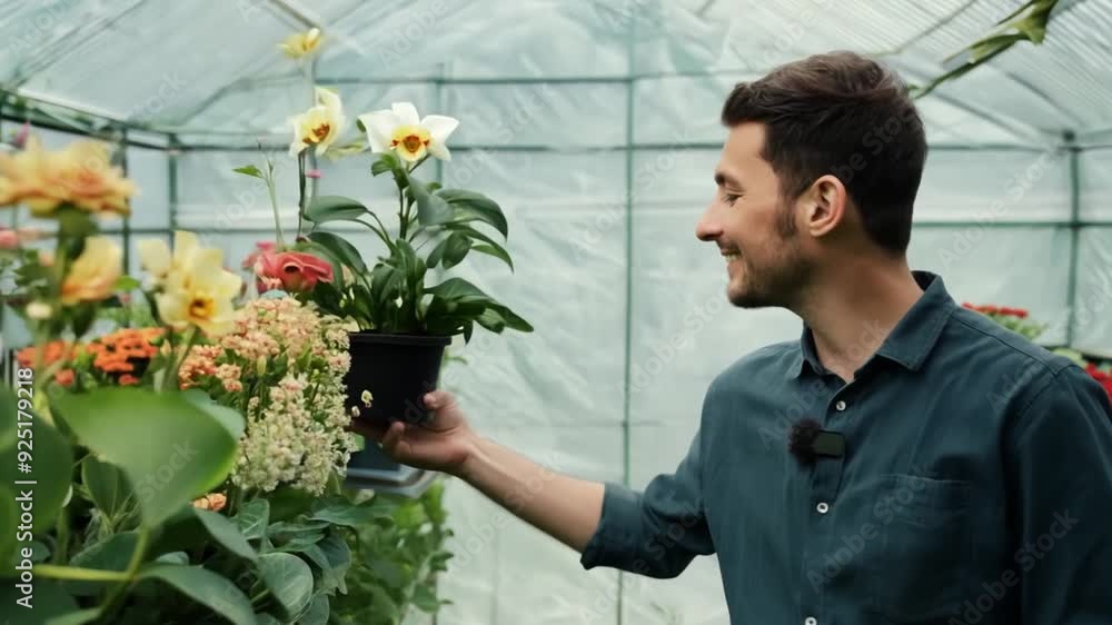 Young Male Florist Showcases Potted Orchid in Greenhouse Generative AI Young Male Florist Showcases Potted Orchid in Greenhouse Generative AI