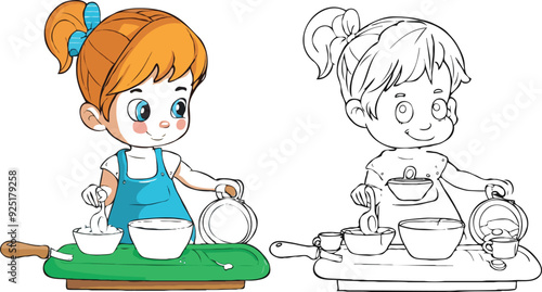 coloring page simple drawing of cartoon character in the cake shop, coloring book 