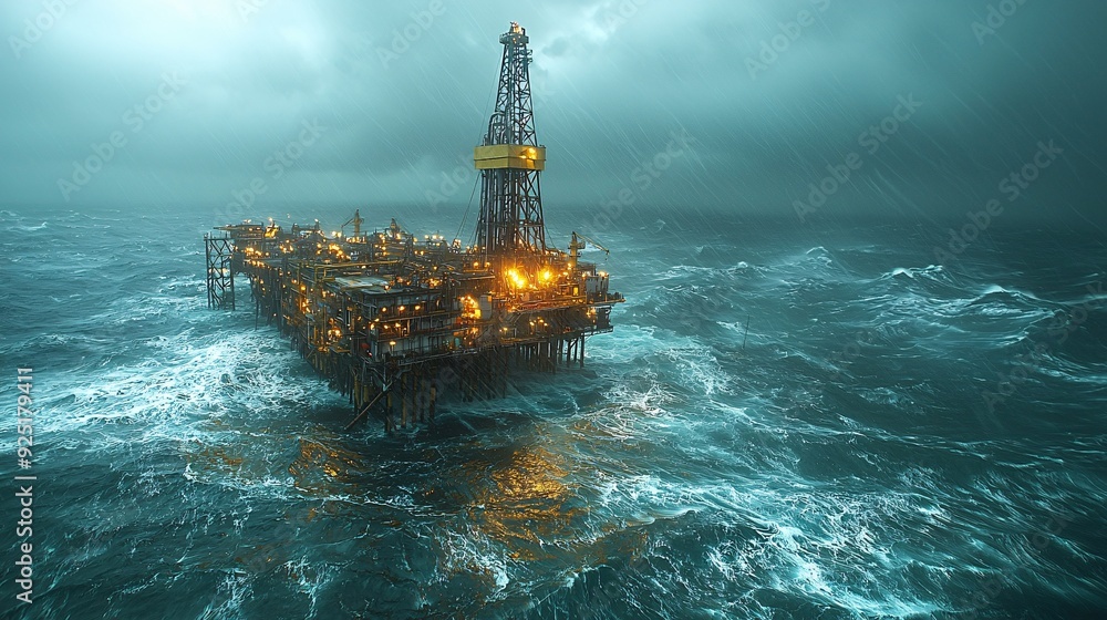 Oil Rig in Hurricane: An intense scene of an oil rig battered by ...