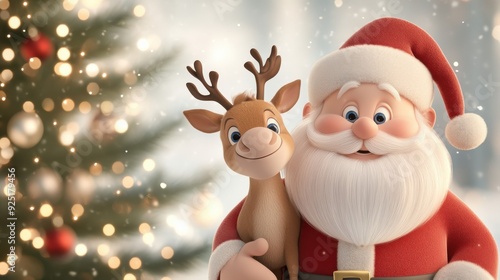 Santa Claus hugs a reindeer next to a beautifully decorated Christmas tree, spreading warmth and holiday cheer in a festive setting..