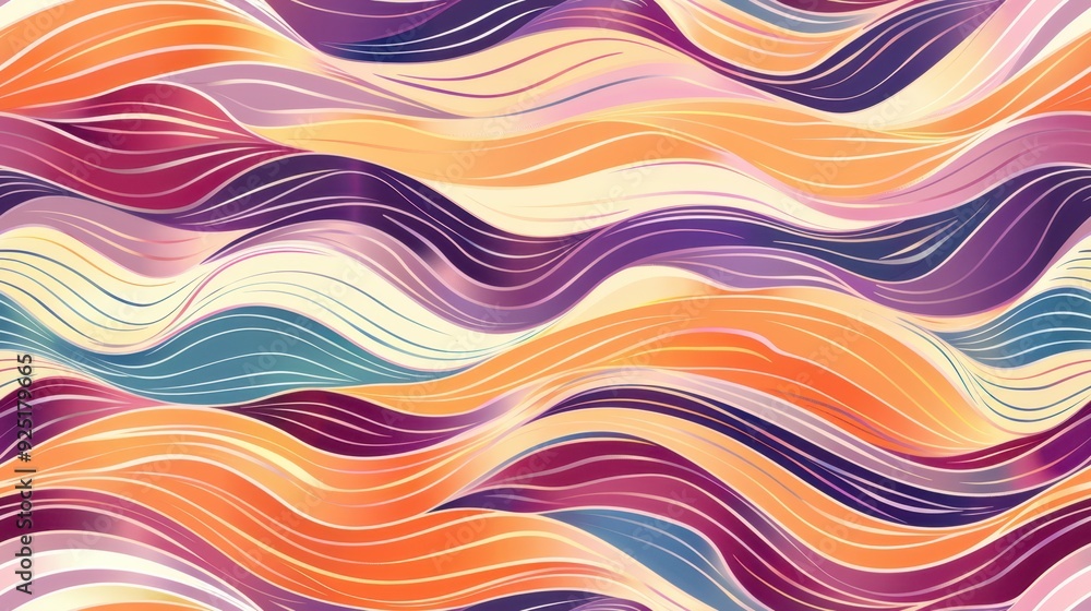 Seamless pattern of wavy, flowing lines in warm shades of orange, beige, and pink. The undulating curves and metallic texture evoke a sense of movement and modern luxury. Seamless pattern of wavy, flowing lines in warm shades of orange, beige, and pink. The undulating curves and metallic texture evoke a sense of movement and modern luxury.