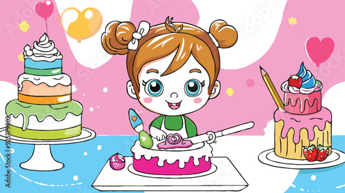 coloring page simple drawing of cartoon character in the cake shop, coloring book 
