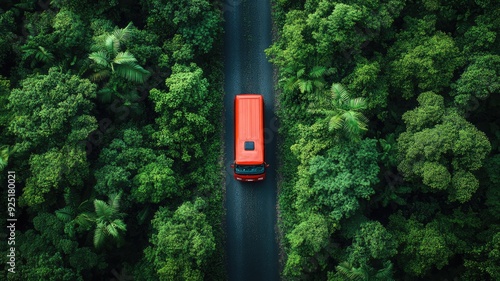 Top view of a red bus on a jungle forest road, captured in a minimalistic and professional style. Perfect for cinema photography, travel, and relaxation concepts.