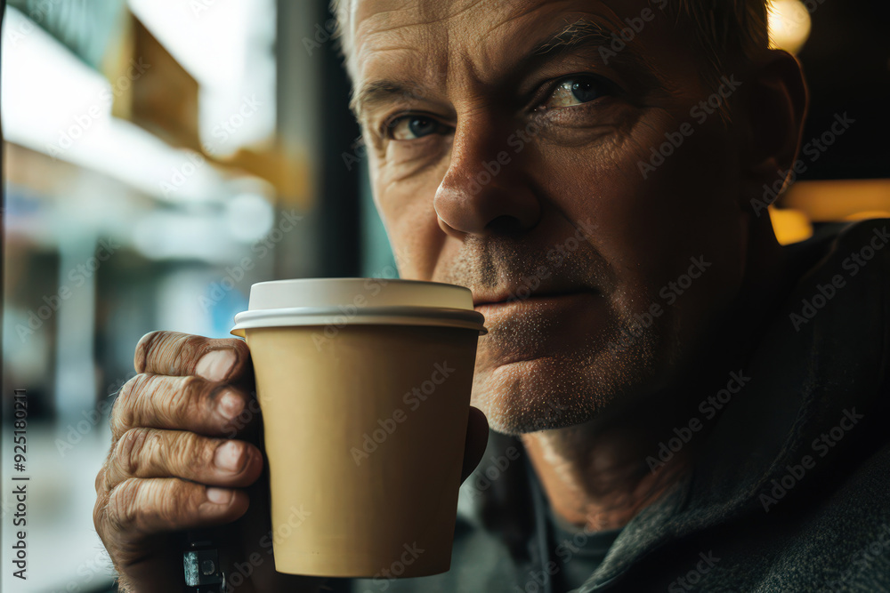 Close-up portrait of a middle-aged man holding a coffee cup, with a contemplative expression Close-up portrait of a middle-aged man holding a coffee cup, with a contemplative expression