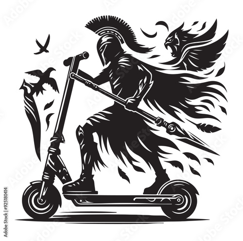 Two wheeled Kick scooter with Raider silhouette vector illustration