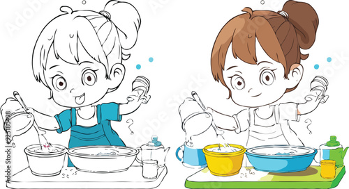 coloring page simple drawing of cartoon character in the cake shop, coloring book 