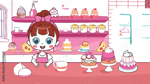 coloring page simple drawing of cartoon character in the cake shop, coloring book 