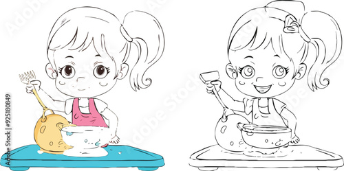 coloring page simple drawing of cartoon character in the cake shop, coloring book 