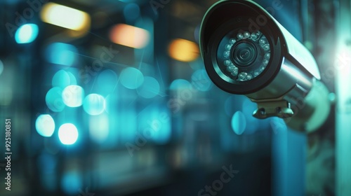 Watchful Eye of Technology - A Sharp Focus on a Security Camera within a Blurred Tech Environment.