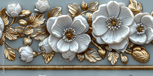 Seamless 3D elements of White and Golden luxury design Baroque Classical Relief Panel on Wall. Refined Gothic-inspired Stucco Molding With Floral Motifs. A Marble Carving in Late Ottoman Style.