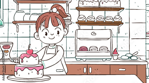 coloring page simple drawing of cartoon character in the cake shop, coloring book 