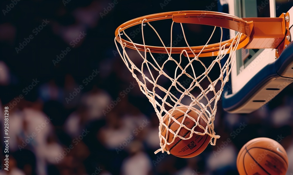 Fototapeta premium Close-up sports photos of a basketball shooting into the hoop during a game, Generative AI.