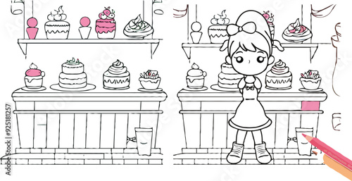 coloring page simple drawing of cartoon character in the cake shop, coloring book 