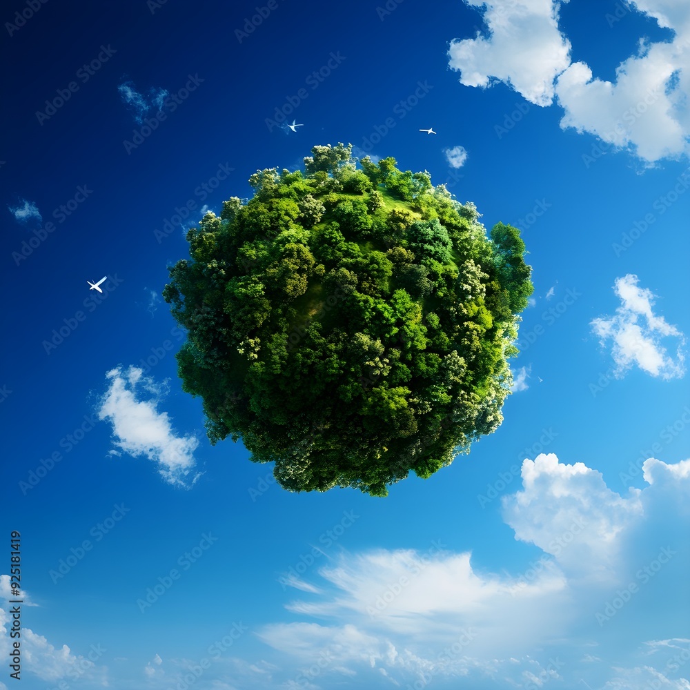 A vibrant, floating green island surrounded by a bright blue sky, symbolizing nature and environmental beauty. A vibrant, floating green island surrounded by a bright blue sky, symbolizing nature and environmental beauty.