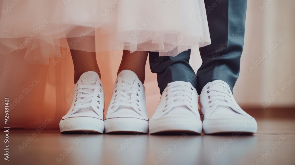 Close up of wedding footwear: the bride chic shoe and groom’s old-school sneakers create a minimal, retro look.