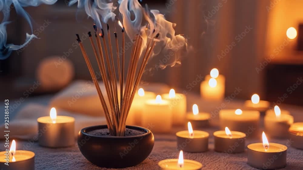 Incense sticks release fragrant smoke surrounded by flickering candles, creating a tranquil atmosphere in low light.