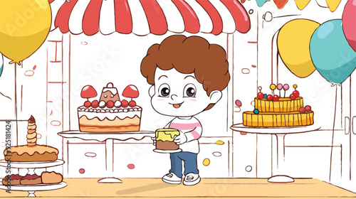 coloring page simple drawing of cartoon character in the cake shop, coloring book 
