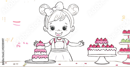 coloring page simple drawing of cartoon character in the cake shop, coloring book 