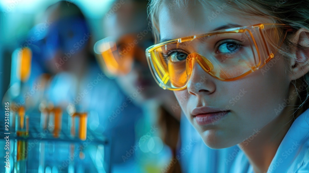 Young students conducting a science experiment in a school laboratory, wearing safety goggles and mixing chemicals, educational concept Young students conducting a science experiment in a school laboratory, wearing safety goggles and mixing chemicals, educational concept