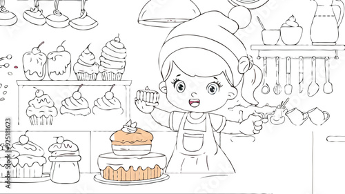 coloring page simple drawing of cartoon character in the cake shop, coloring book 