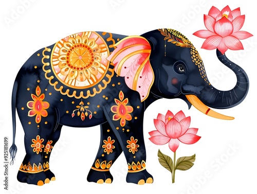 Ornate Indian Elephant with Lotus Flowers