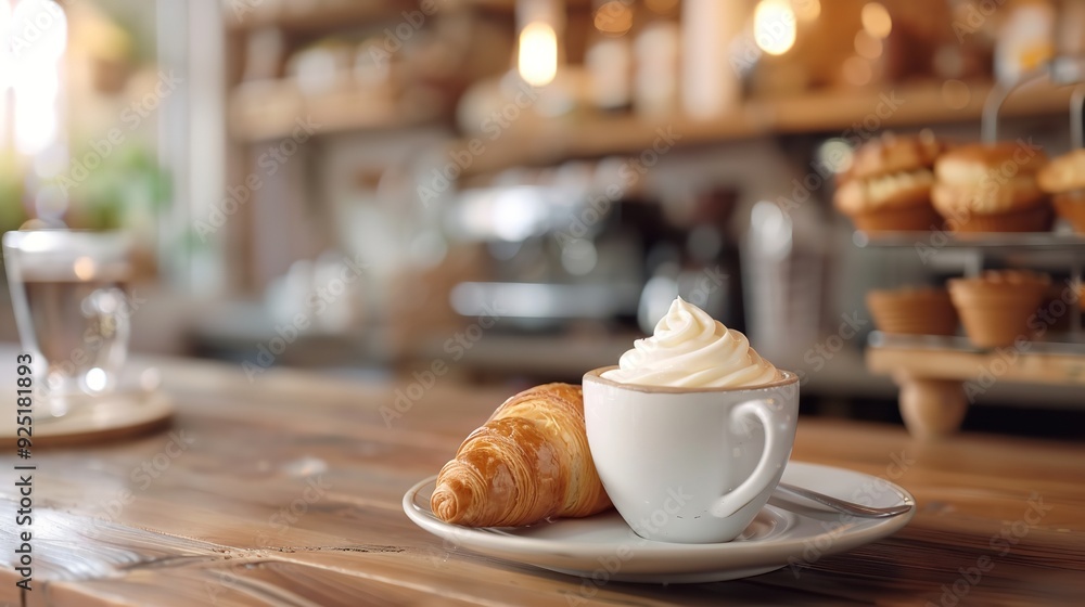 croissant and cappuccino presented in a hazy cafe setting, Generative AI. croissant and cappuccino presented in a hazy cafe setting, Generative AI.