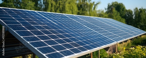 Close-up view of solar panels capturing sunlight in a green environment, promoting renewable energy and sustainability.