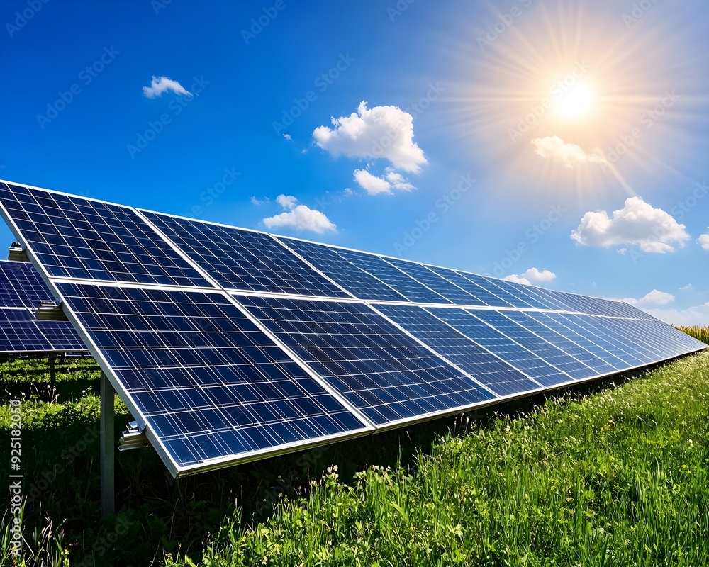 Solar panels capture sunlight on a bright day, promoting renewable energy and sustainability in a green landscape. Solar panels capture sunlight on a bright day, promoting renewable energy and sustainability in a green landscape.