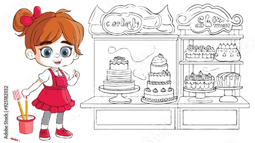 coloring page simple drawing of cartoon character in the cake shop, coloring book 
