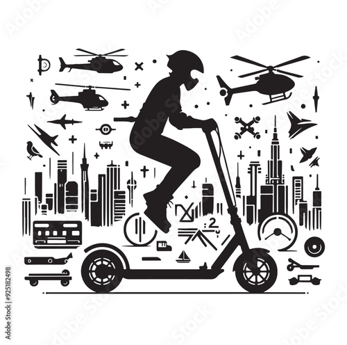 Two wheeled Kick scooter with Raider silhouette vector illustration