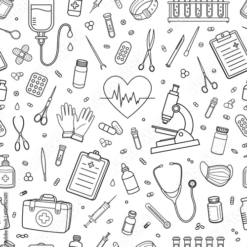 Seamless background with medical items, instruments and preparations