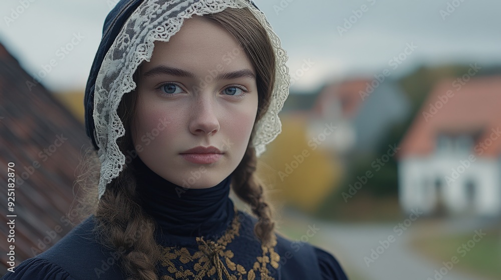 A young Danish woman dressed in traditional attire stands outdoors, framed by a picturesque autumn landscape and quaint village houses in the background A young Danish woman dressed in traditional attire stands outdoors, framed by a picturesque autumn landscape and quaint village houses in the background