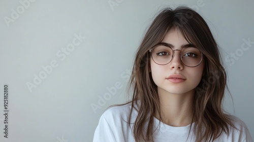 Close-up portrait of a young woman with long brown hair wearing round eyeglasses and a white t-shirt against a light grey background.