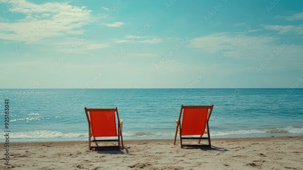 Minimalist image of two empty beach chairs on a serene beach, symbolizing freedom and relaxation. Ideal for vacation concepts, with ample copy space for creative use. Minimalist image of two empty beach chairs on a serene beach, symbolizing freedom and relaxation. Ideal for vacation concepts, with ample copy space for creative use.